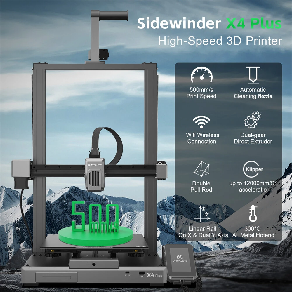 Artillery SW X4 Plus Hochgeschwindigkeits-3D-Drucker 300*300*400 mm Druckbereich,4,3 Zoll Touchscreen,500 mm/s,kommt mit 5 kg PLA 3D-Druckmaterial.