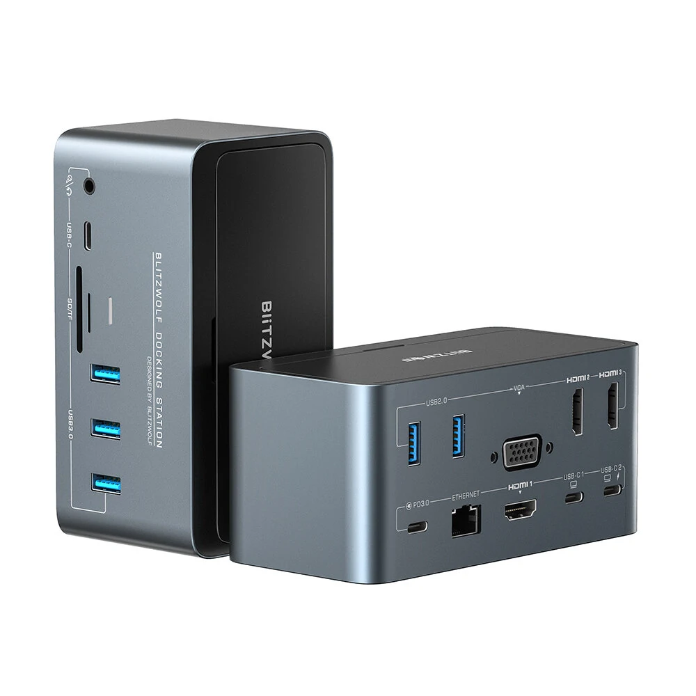 BlitzWolf® BW-TH13 18-in-1 USB C Dockingstation mit M.2 SSD-Gehäuse Vierfach-Display SD/TF-Kartensteckplatz RJ45-Ethernet-Anschluss 100W Power Delivery BlitzWolf® BW-TH13 18-in-1 USB C Dockingstation mit M.2 SSD-Gehäuse Vierfach-Display SD/TF-Kartensteckplatz RJ45-Ethernet-Anschluss 100W Power Delivery
