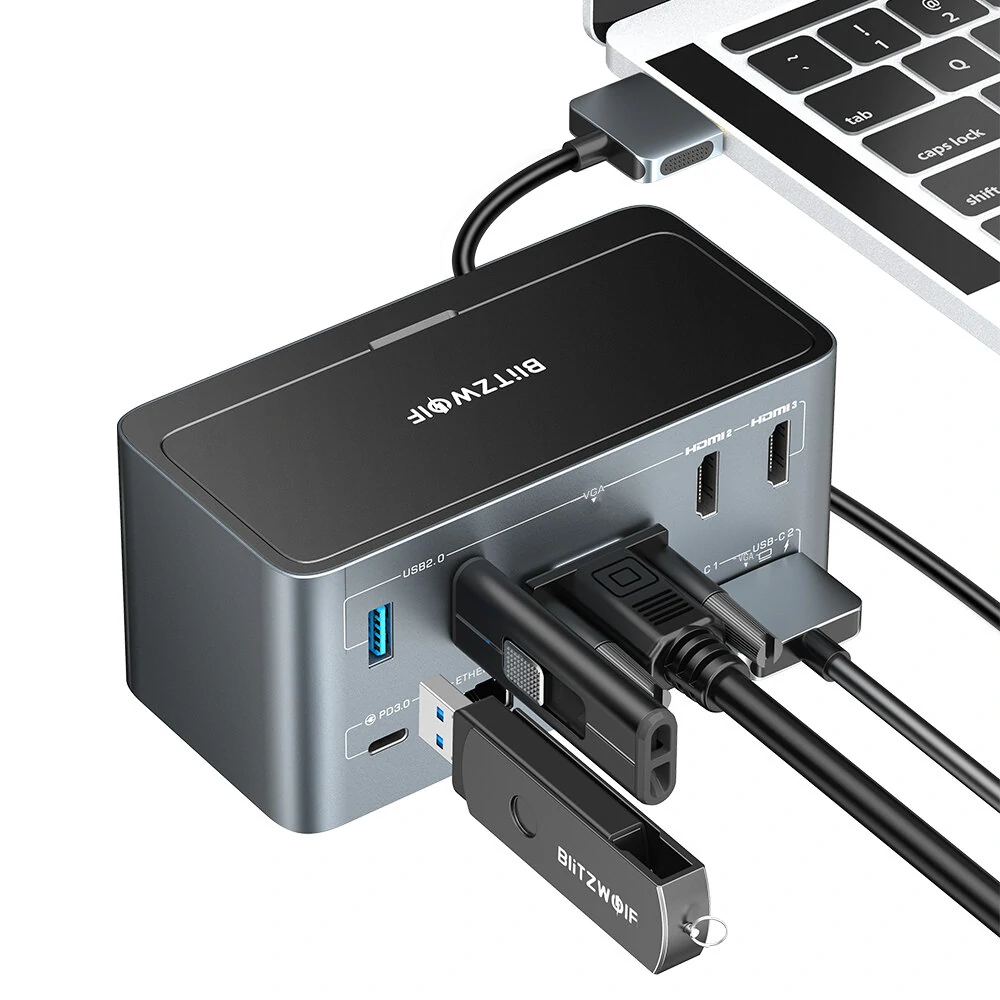 BlitzWolf® BW-TH13 18-in-1 USB C Dockingstation mit M.2 SSD-Gehäuse Vierfach-Display SD/TF-Kartensteckplatz RJ45-Ethernet-Anschluss 100W Power Delivery BlitzWolf® BW-TH13 18-in-1 USB C Dockingstation mit M.2 SSD-Gehäuse Vierfach-Display SD/TF-Kartensteckplatz RJ45-Ethernet-Anschluss 100W Power Delivery