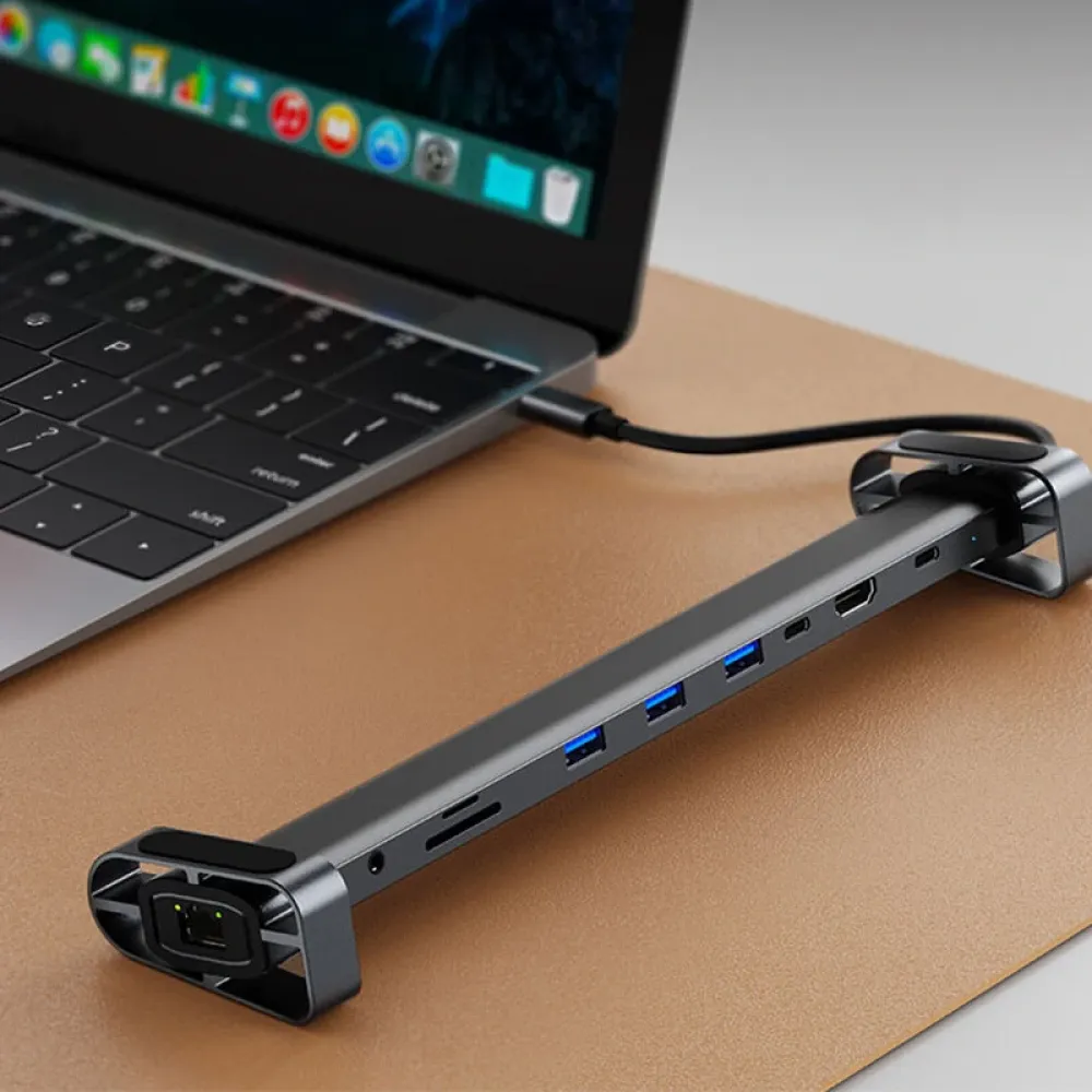 10-in-1 Typ-C Dockingstation mit USB3.0*3 USB-C Data PD100W USB-C 4K/30Hz HDMI 100Mbps RJ45 SD/TF-Kartenlesersteckplatz 3,5-mm-Audio Multiports USB-Hubs Splitter für Telefon, TV, Tablet, Laptop