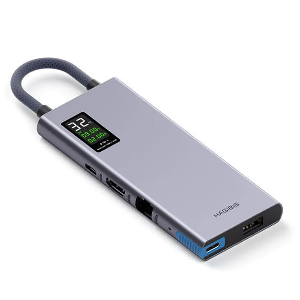 Hagibis 9-in-1 Typ-C Dockingstation mit LCD-Display, Multiport-Hubs Adapter mit USB3.0 USB2.0 USB-C PD100W HD 4K@60Hz Gigabit Ethernet A auf C Adapter TF/SD 3.5mm AUX