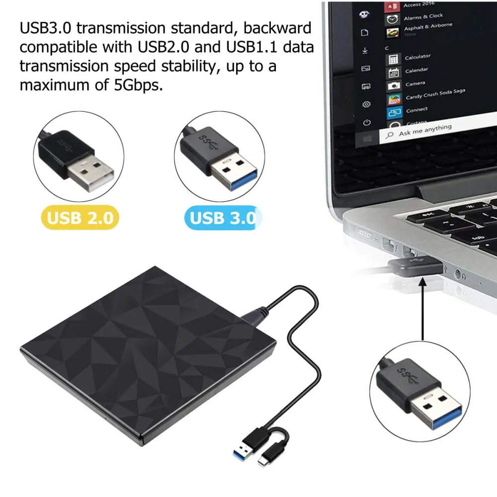 Mechzone Portable USB3.0 Type-C optische Laufwerke schwarzes Schubladen-Laufwerk  Externes DVD-RW Max.24X High-Speed-Datenübertragung für Win XP Win 7 Win 8 Win 10 Mac