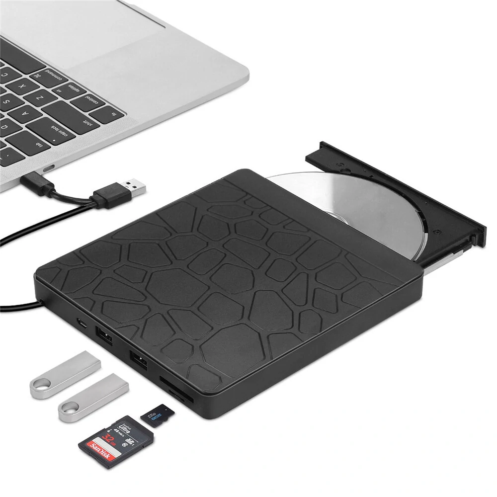 Mechzone T9 Externes optisches Laufwerk USB3.0 Type-C Externes CD-Brenner Mehrzweck Hochgeschwindigkeits-CD/DVD-Player TF/SD-Kartenleser für Auto-Computer-PC-Notebook