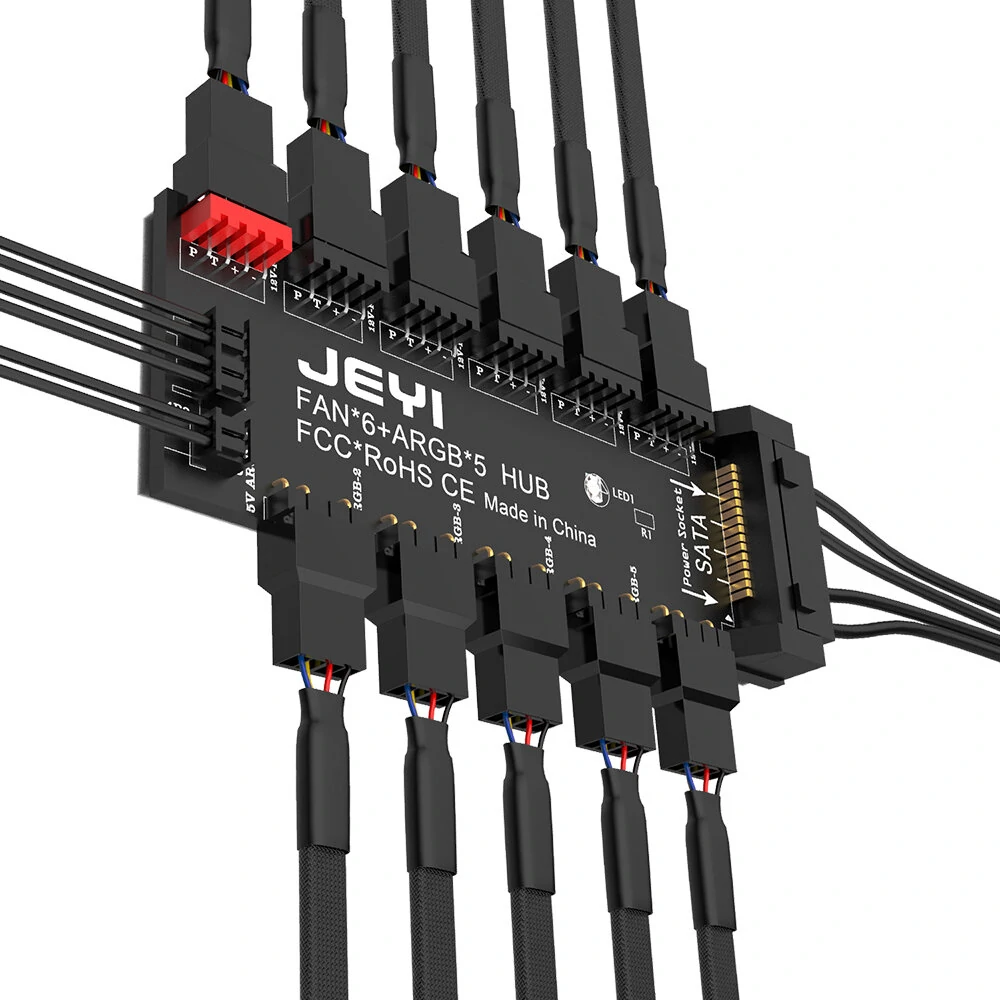 JEYI ARGB PWM 5-Wege-L&uuml;fter-Hub 12V 4Pin PWM & 5V 3Pin ARGB 2 in 1 Hub RGB Fan RGB Strip Splitter